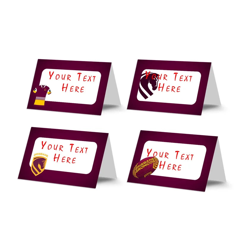 Brisbane Broncos food cards showing a collection of team colored buffet labels arranged on a decorated treat t