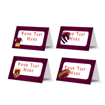 Brisbane Broncos food cards showing a collection of team colored buffet labels arranged on a decorated treat t