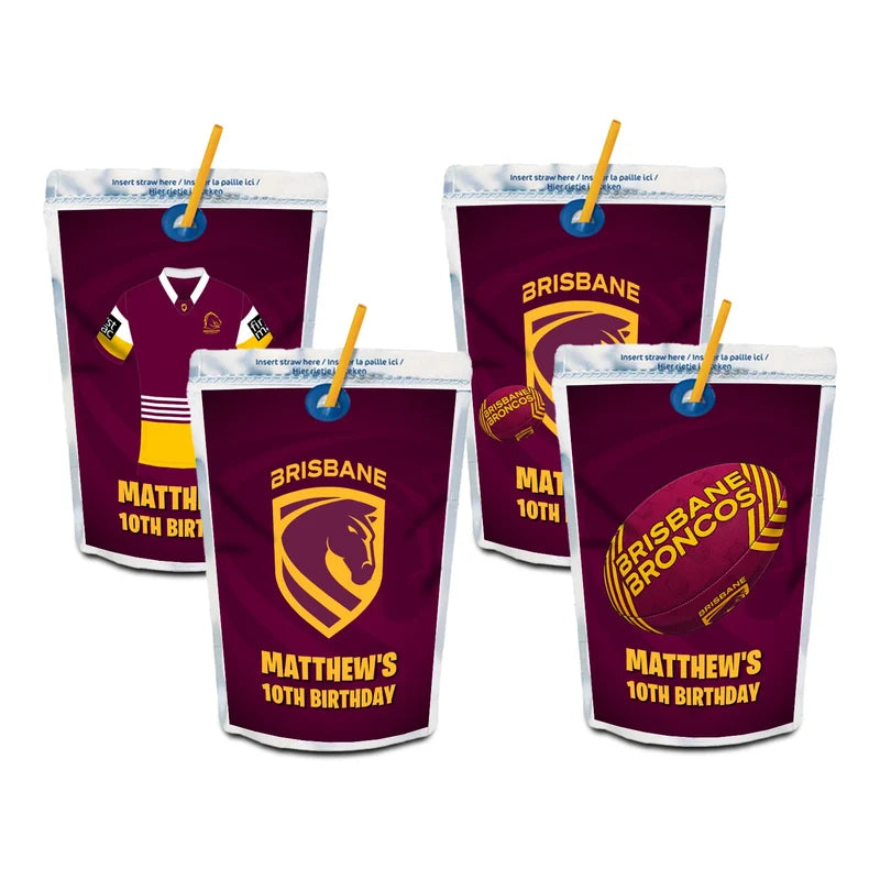 Brisbane Broncos juice pouch label mockup featuring a team birthday design attached to a silver pouch
