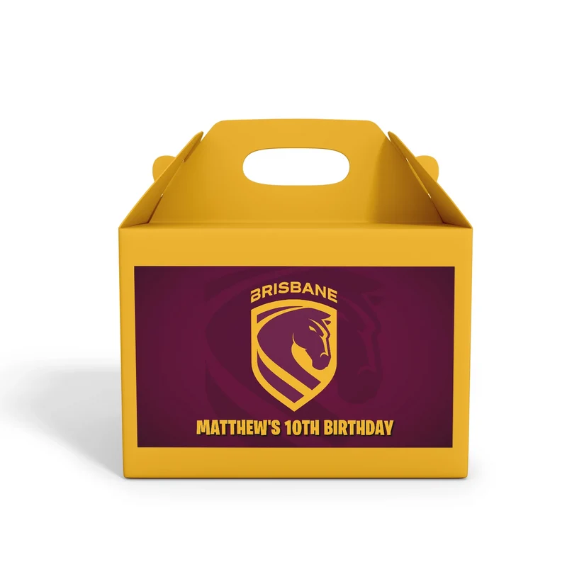 Brisbane Broncos treat box label showing a maroon custom design layout on a mini favor box container