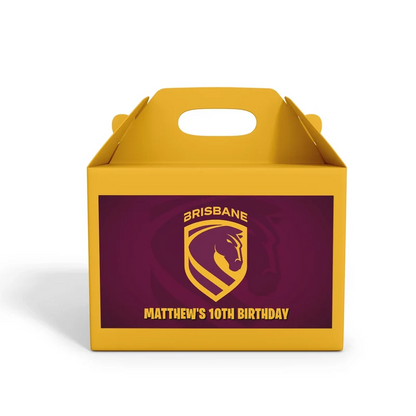 Brisbane Broncos treat box label showing a maroon custom design layout on a mini favor box container