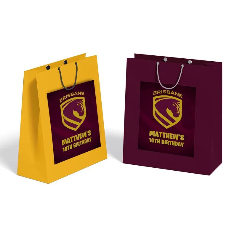Brisbane Broncos goodie bag label featuring a sports party theme design applied to a classic paper gift bag