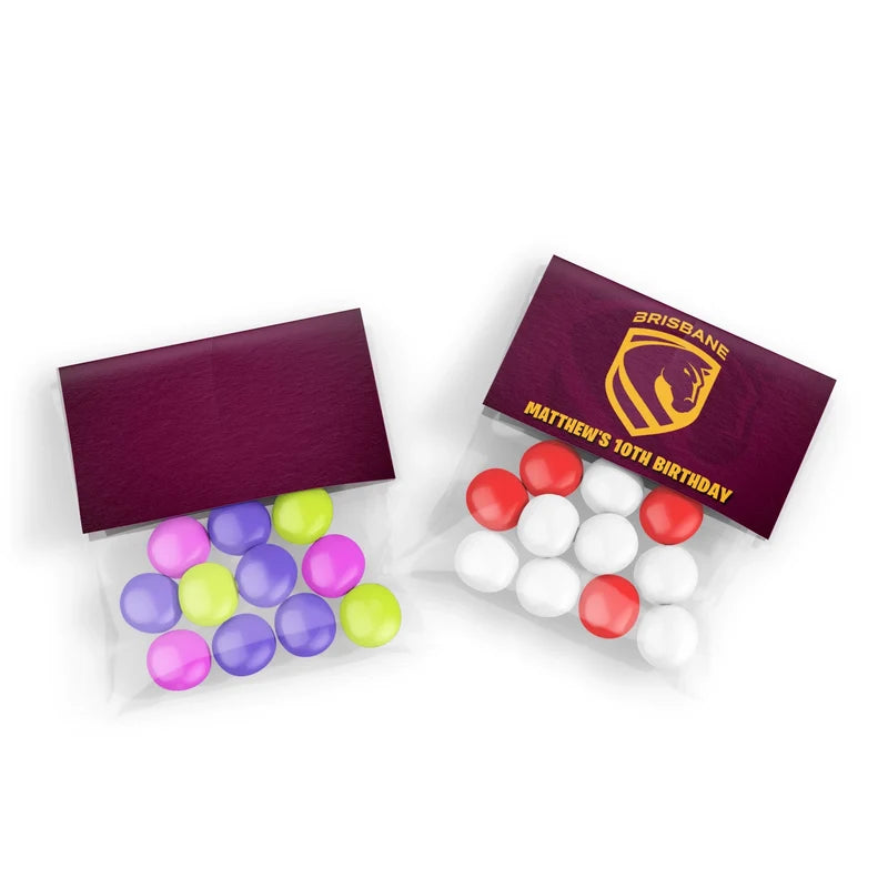 Brisbane Broncos treat bag topper label showing a folded team paper design sealing a clear candy pouch