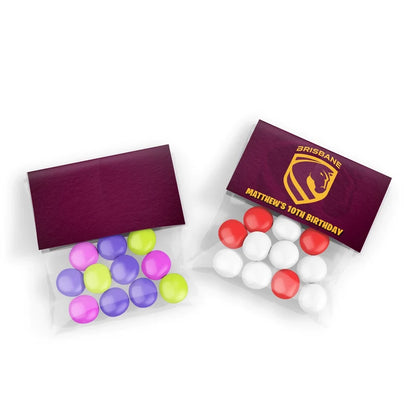 Brisbane Broncos treat bag topper label showing a folded team paper design sealing a clear candy pouch