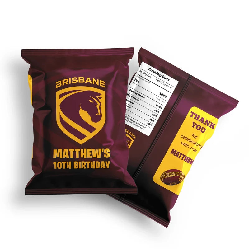 Brisbane Broncos chips bag label mockup displaying a custom snack bag layout on a clean background