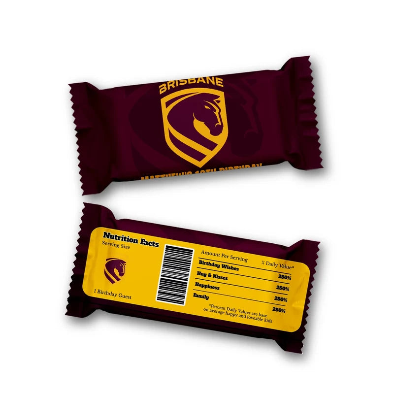 Brisbane Broncos Rice Krispies treats and candy bar labels shown together in a sports party snack display