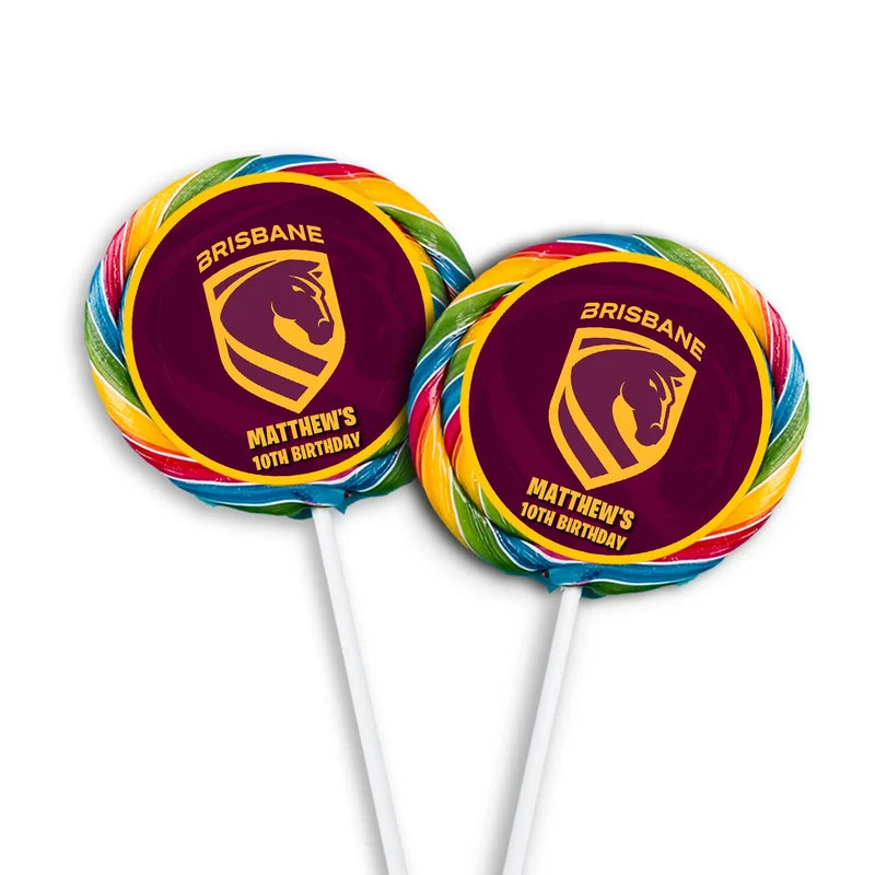 Brisbane Broncos lollipop label mockup featuring a round team logo sticker design attached to a clear wrapper