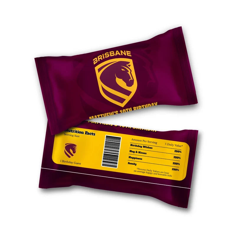 Brisbane Broncos M&M Chocolate label wrap showing a team candy packaging layout displayed on a neat ttop
