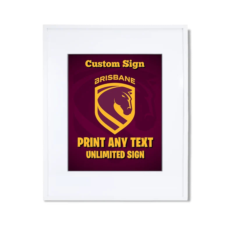 Brisbane Broncos custom sign template featuring a sports party layout inside a modern white picture frame