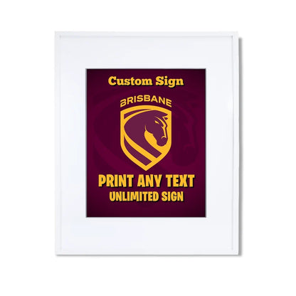 Brisbane Broncos custom sign template featuring a sports party layout inside a modern white picture frame