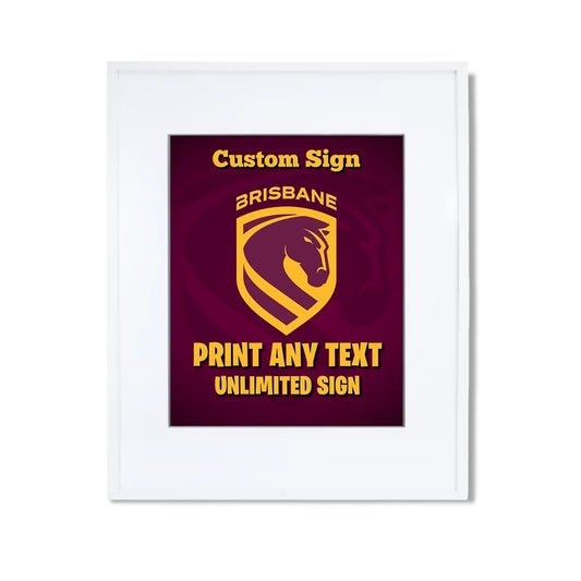 Brisbane Broncos custom sign template featuring a sports party layout inside a modern white picture frame