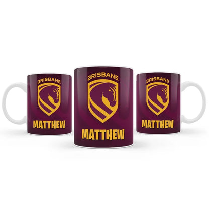 Brisbane Broncos sublimation mug design featuring a graphic layout wrapped around a white ceramic mug