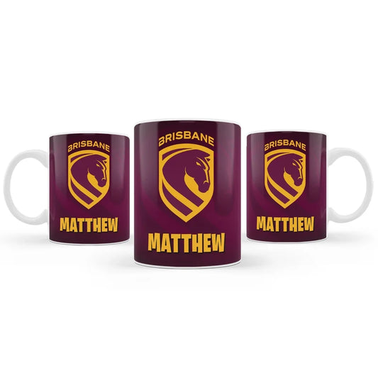 Brisbane Broncos sublimation mug design featuring a graphic layout wrapped around a white ceramic mug