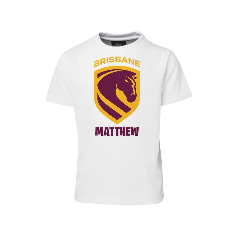 Brisbane Broncos sublimation T-shirt mockup showing a graphic layouted on a white cotton shirt