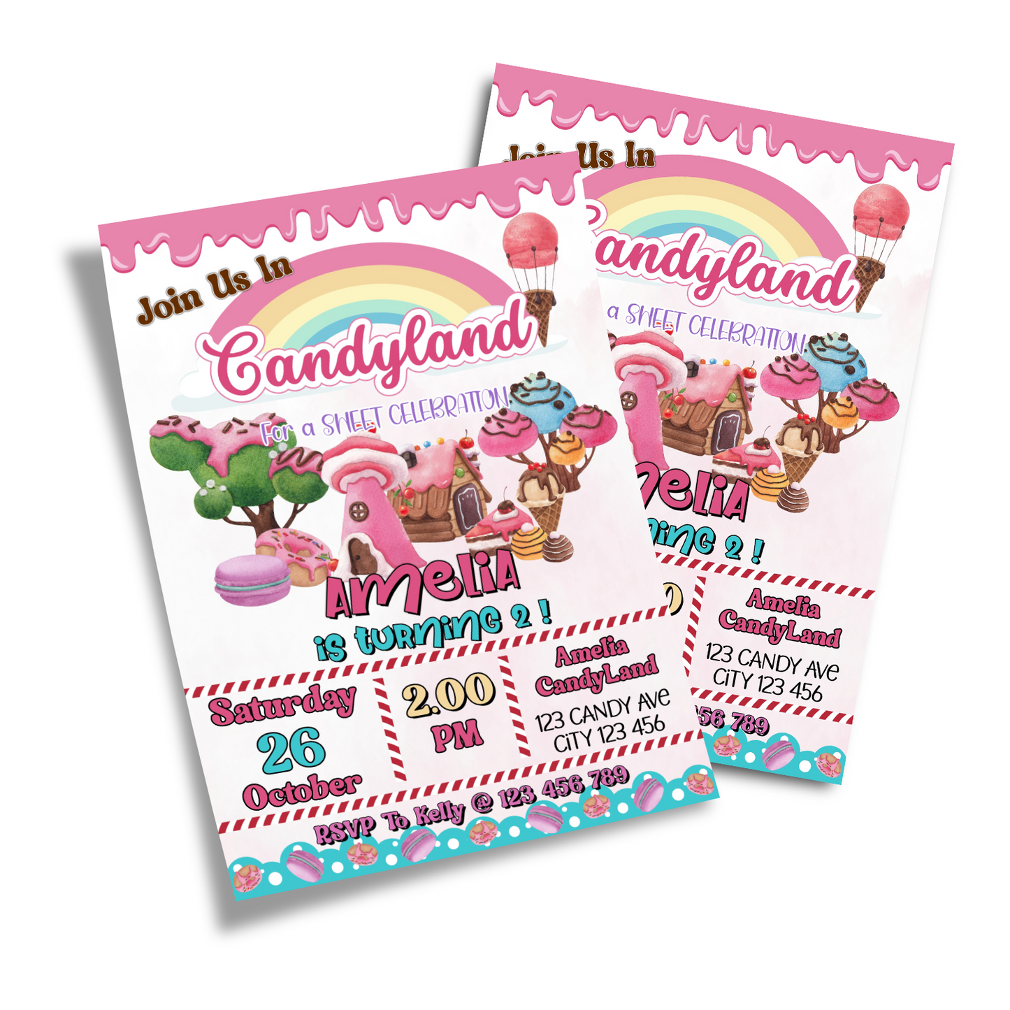 Personalized birthday card invitations with a Candy Land theme