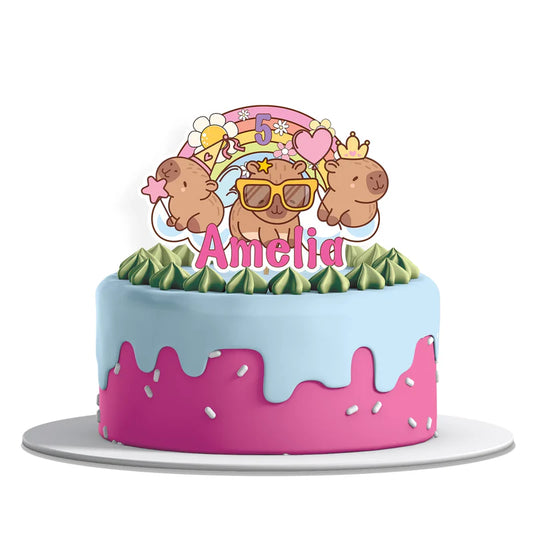 Capybara personalized cake toppers with custom name and age displayed as a colorful 3D paper craft mockup