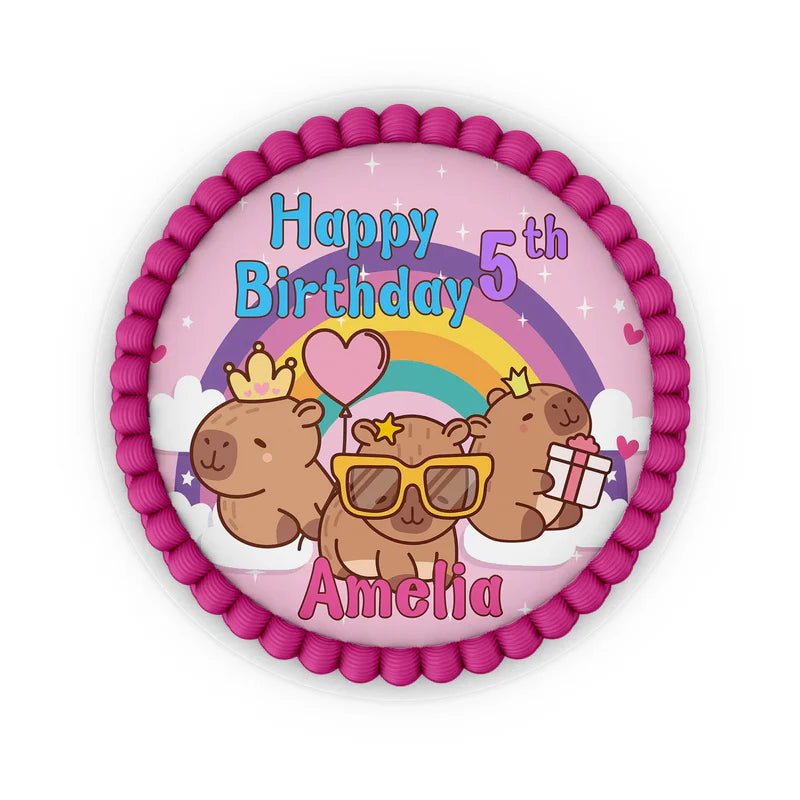 Capybara personalized edible icing cake images with vibrant circular animal portraits on a white background