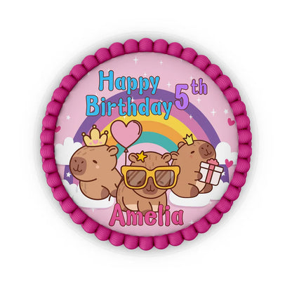 Capybara personalized edible icing cake images with vibrant circular animal portraits on a white background