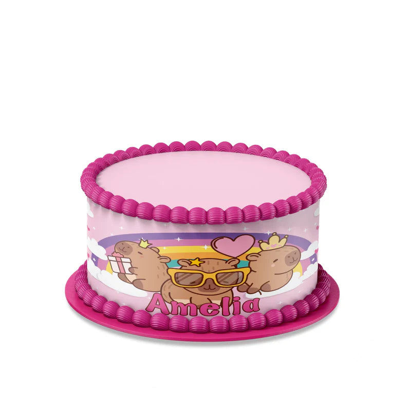 Capybara personalized cake strips image featuring brown edible borders and floral patterns for custom cakes