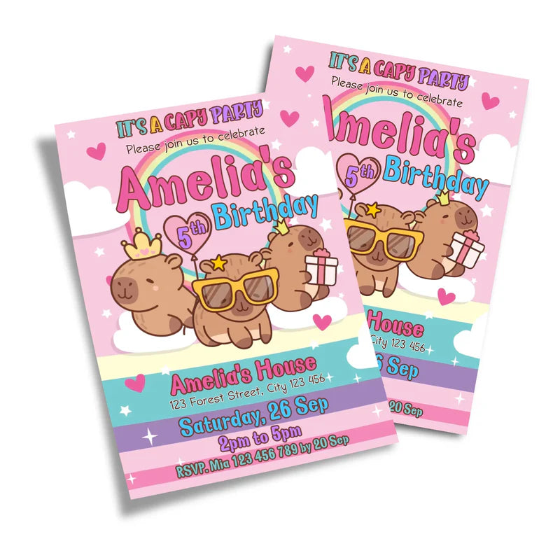 Capybara personalized birthday card invitations with festive brown and green illustrations and custom text