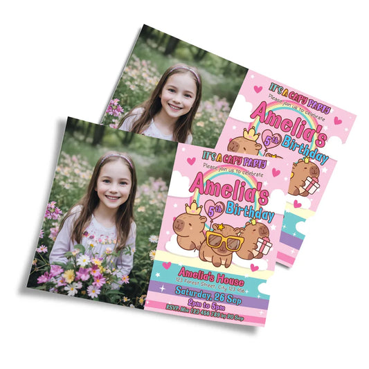 Capybara personalized photo card invitations featuring a custom portrait and cute animal border on white