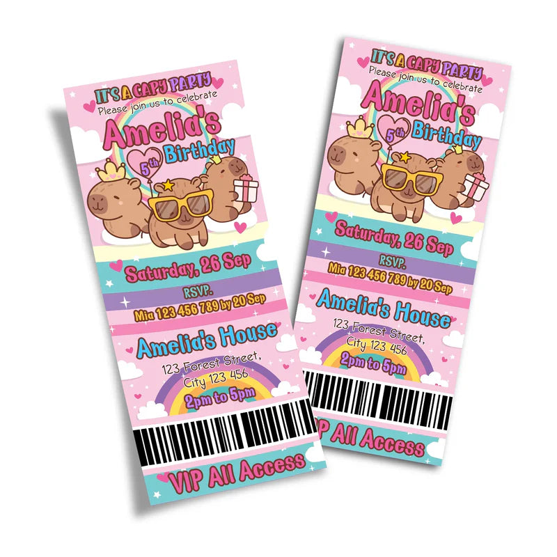 Capybara personalized birthday ticket invitations styled as colorful event passes with custom party details