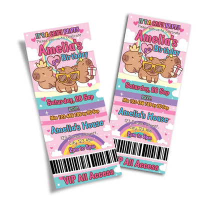 Capybara personalized birthday ticket invitations styled as colorful event passes with custom party details