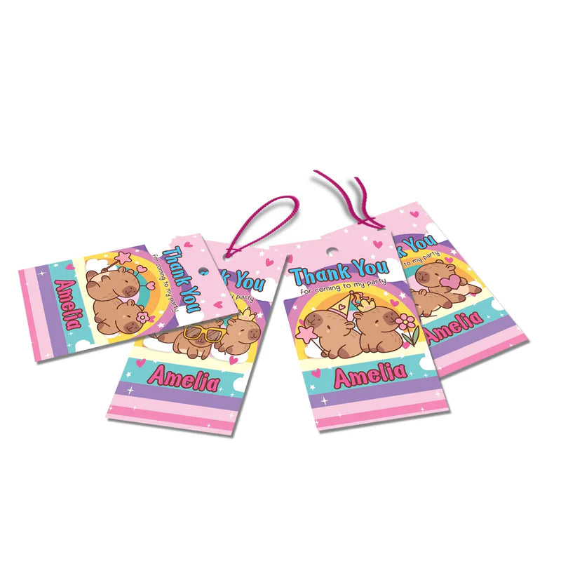Capybara thank you tags with personalized name and cute animal illustration for birthday party favor gifts