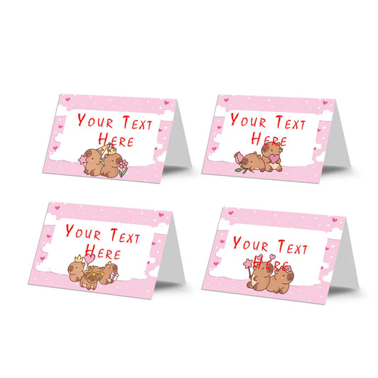 Capybara food cards featuring custom text on folded brown and green themed buffet tent labels flat lay