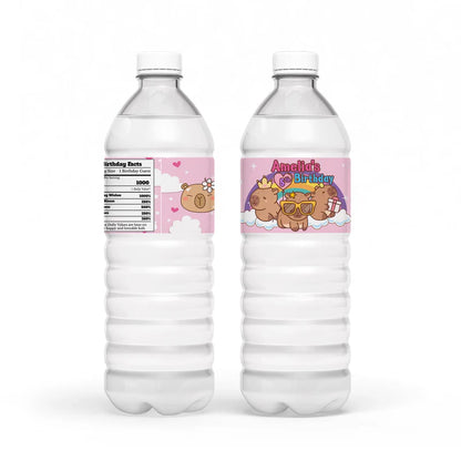 Capybara water bottle label with personalized name and waterproof animal pattern on a blue background