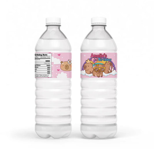Capybara water bottle label with personalized name and waterproof animal pattern on a blue background