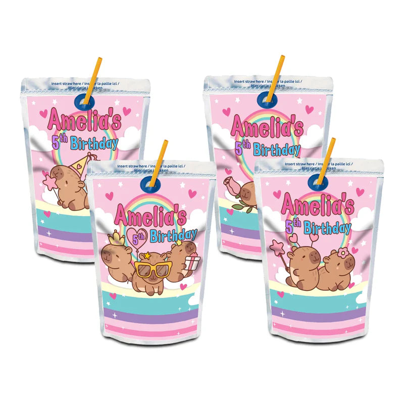 Capybara juice pouch label showing a custom rectangular sticker with cute themed graphics for party drinks