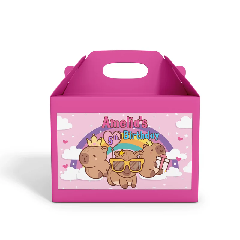 Capybara treat box label featuring a personalized name on a brown animal themed gable box sticker mockup