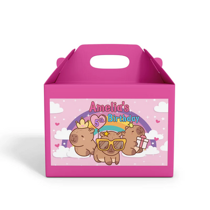 Capybara treat box label featuring a personalized name on a brown animal themed gable box sticker mockup