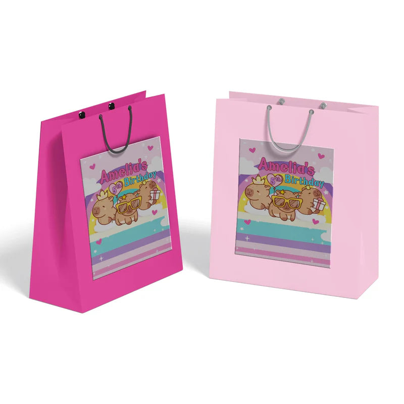 Capybara goodie bag label with custom text and vibrant animal graphics on a white favor bag sticker
