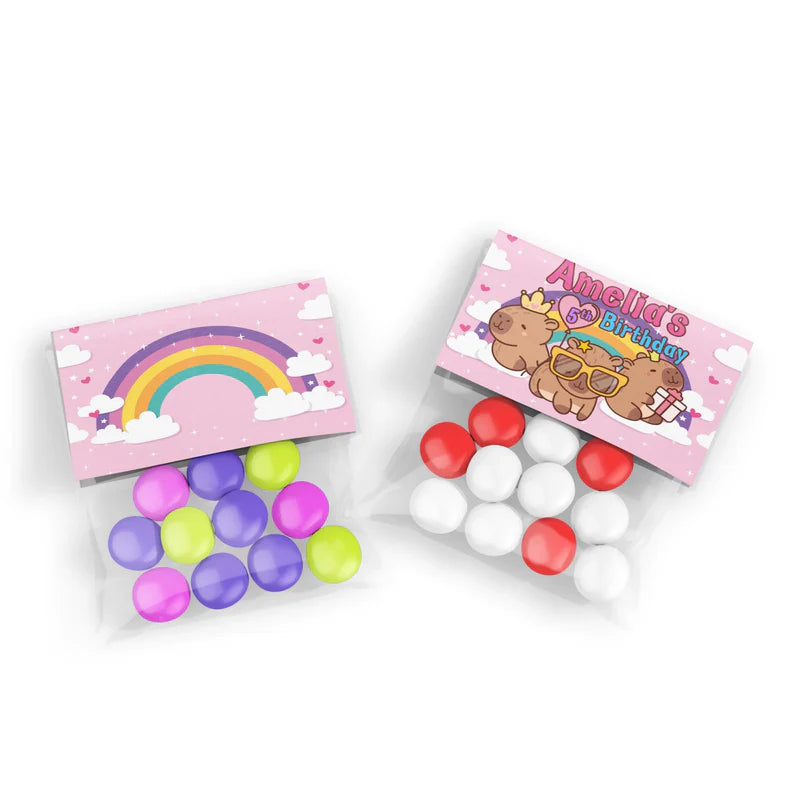 Capybara treat bag topper label showing a folded personalized paper header with cute animal illustrations