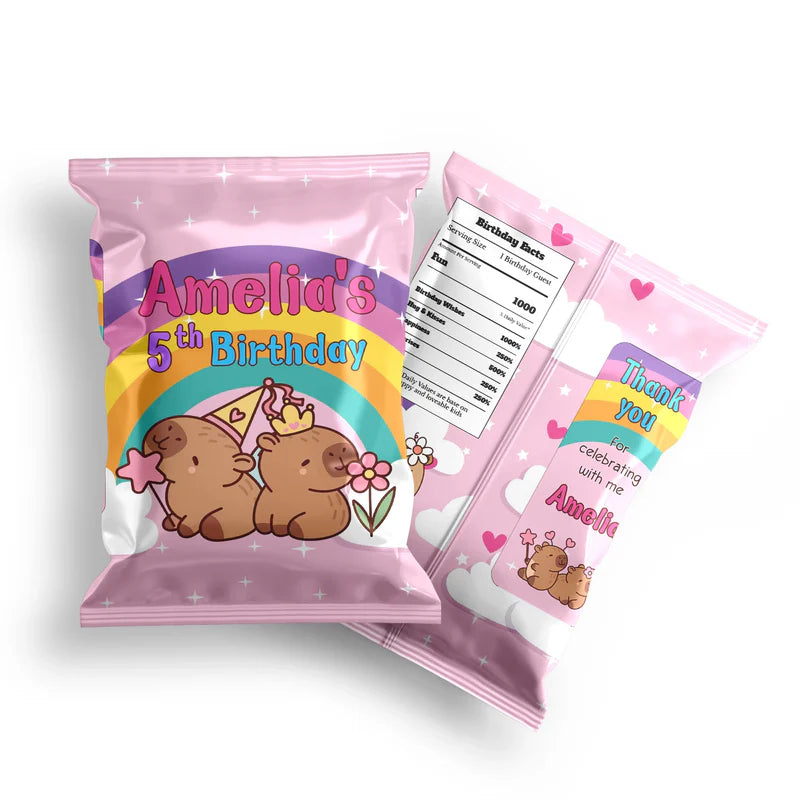 Capybara chips bag label with personalized name and vibrant animal theme for custom party snack packaging