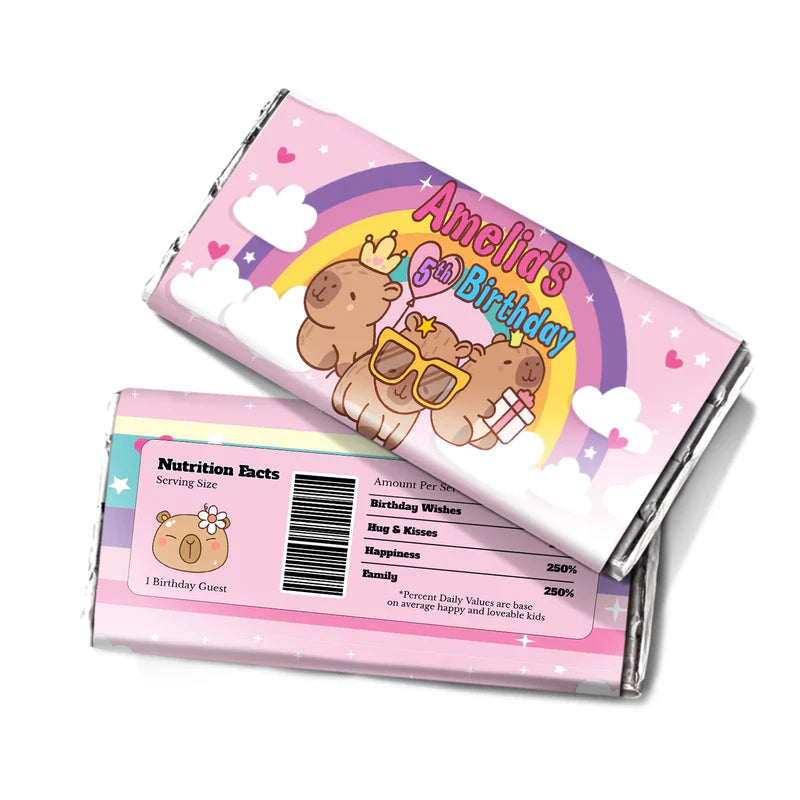 Capybara chocolate label featuring a personalized candy bar wrapper with brown animal graphics and custom text