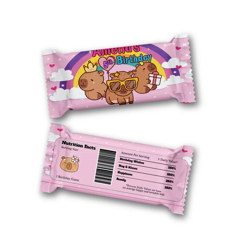Capybara rice krispies and candy bar label with custom name and themed patterns for sweet treat wraps