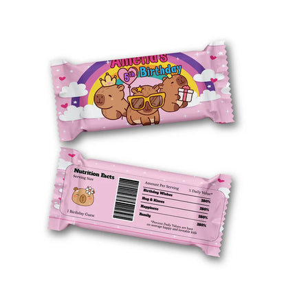Capybara rice krispies and candy bar label with custom name and themed patterns for sweet treat wraps