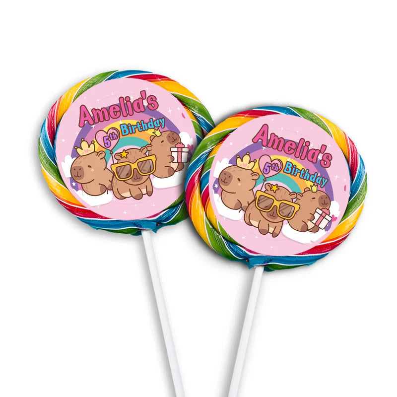 Capybara lollipop label showing a round personalized sticker with cute animal portraits for candy favors