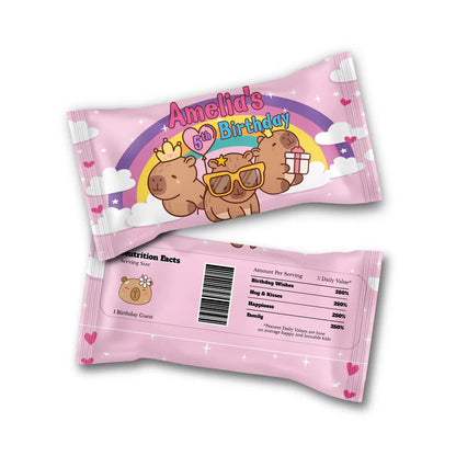 Capybara skittles label with personalized name and vibrant animal graphics for custom candy bag stickers