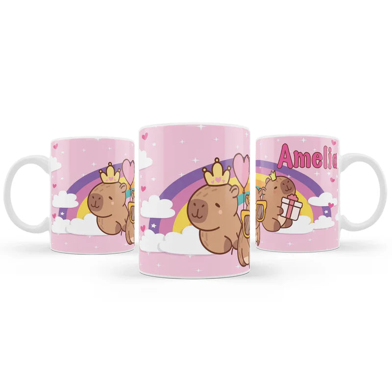Capybara sublimation mug featuring a personalized name and vibrant animal print on a white ceramic cup