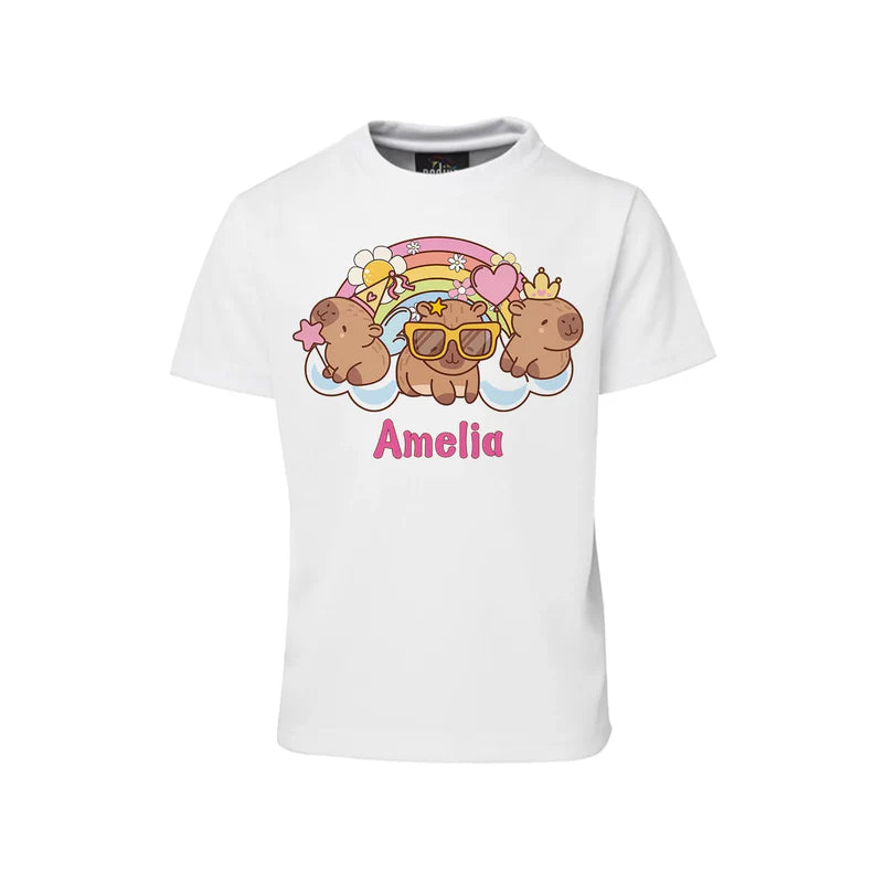 Capybara sublimation t-shirt featuring a personalized animal portrait on a white cotton graphic tee mockup