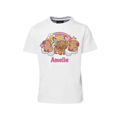Capybara sublimation t-shirt featuring a personalized animal portrait on a white cotton graphic tee mockup