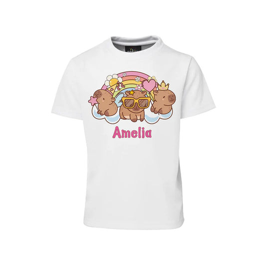 Capybara sublimation t-shirt featuring a personalized animal portrait on a white cotton graphic tee mockup