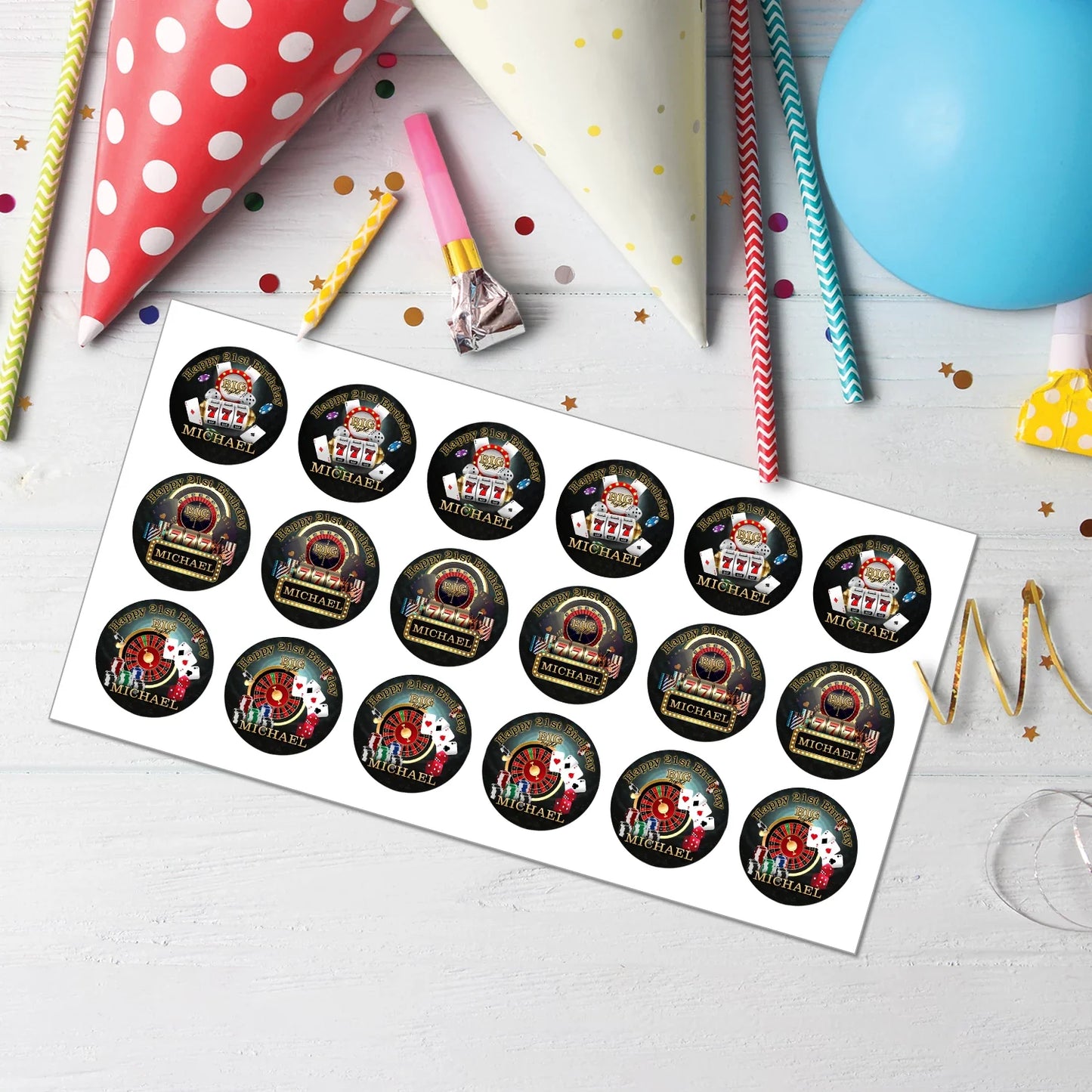 Casino Personalized Cupcakes Toppers - Custom Casino Themed Cupcake Toppers for Parties & Events