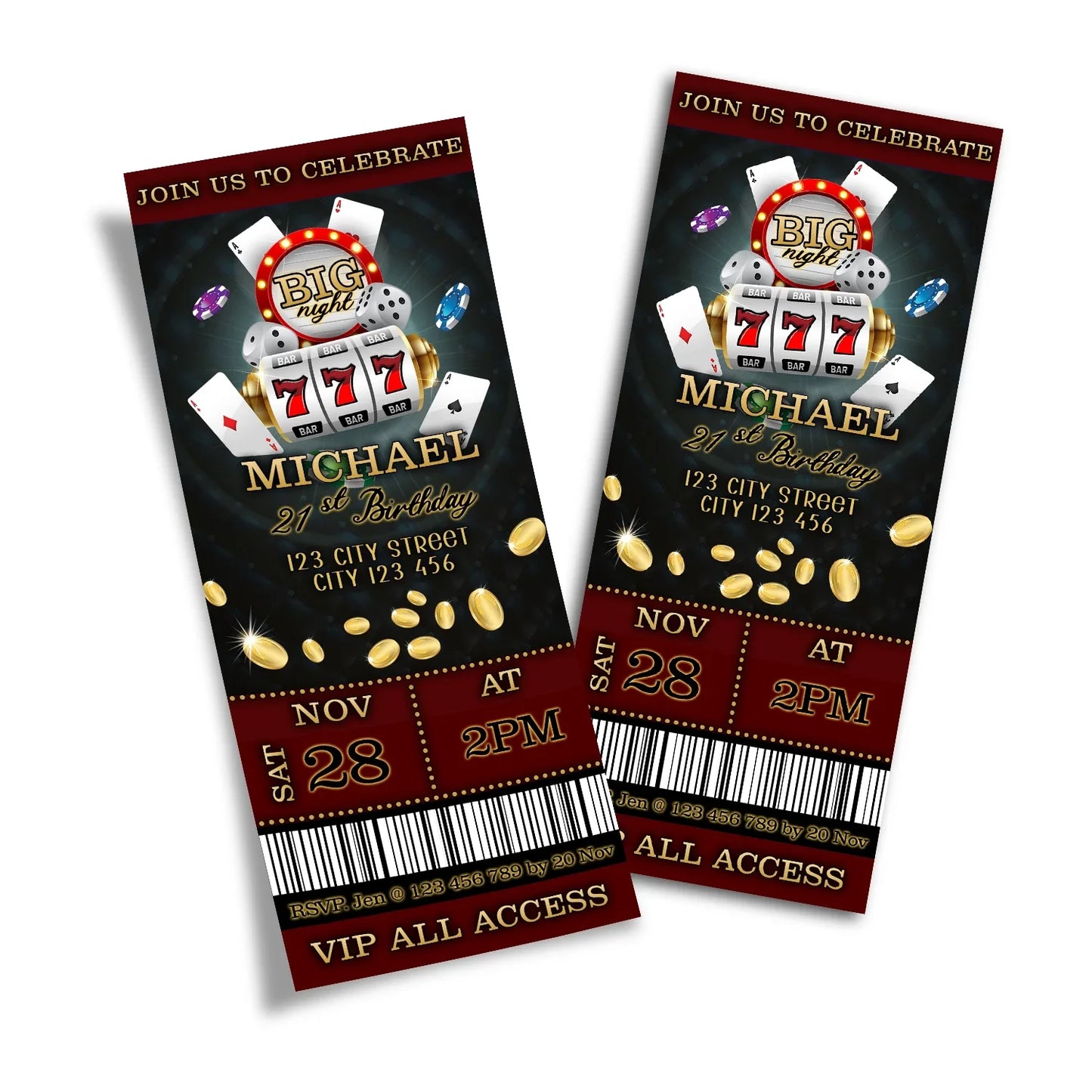 Casino Personalized Birthday Ticket Invitations