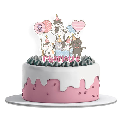 Cats & Kittens personalized cake toppers featuring ador kitten graphics on a modern dessert t display