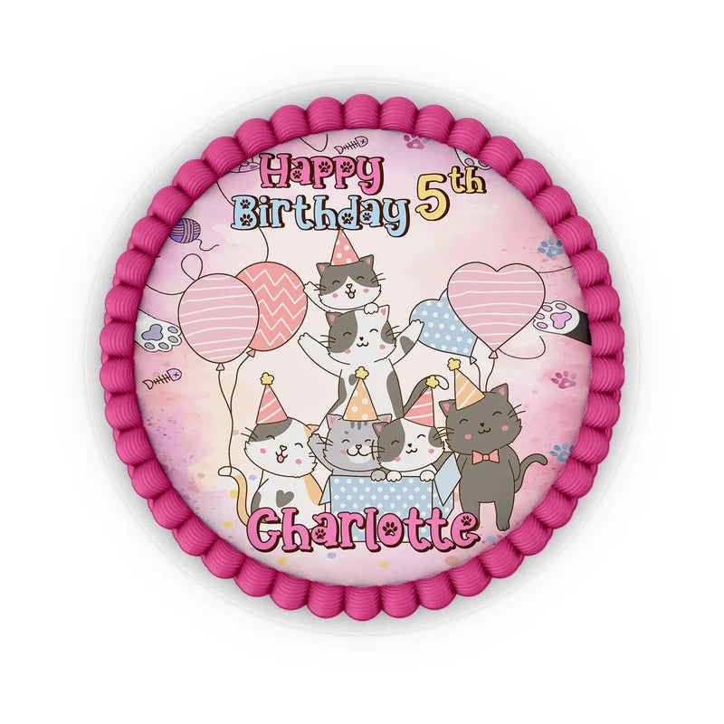 Cats & Kittens edible icing cake images with colorful kitten illustrations placed on a frosted round cake